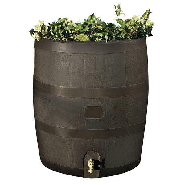Round Rain Barrel with Planter, 35 gallon, Mud
